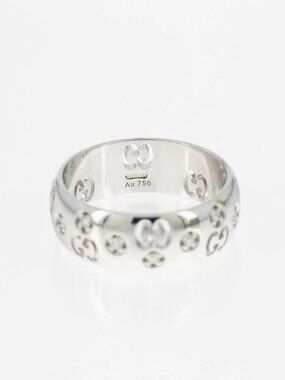 Gucci Logo 18k 750 White Gold Band Domed Diamond Ring Size 4.75
